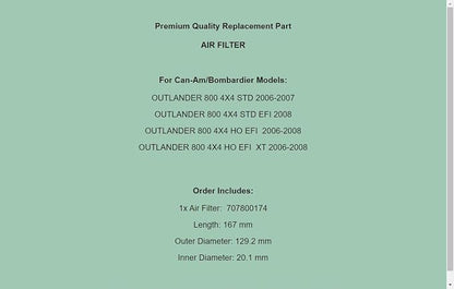 Replacement Air Filter For Can-Am Bombardier Outlander 800 4X4 Std Xt 2006-2008 - Image 7