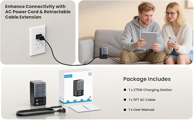 USB C Charger 275W Charging Station with Retractable Dual Cables,Upgraded 8-in-1 GaN IV Fast Charging Hub Block+PD QC PPS 65W Laptop Adapter for MacBook Pro/Air,iPad,iPhone 17/Pro,Galaxy S25,Dell(Red)