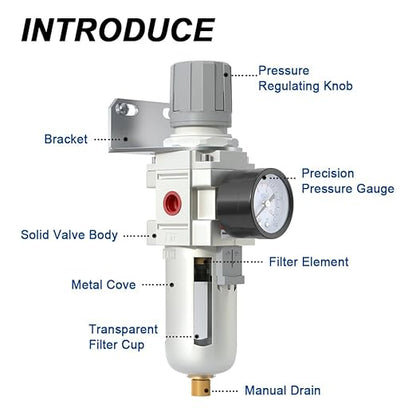 AIRZOE 3/8" NPT Air Filter Regulator Combo Piggyback, 5 Micron Brass Element - Image 3