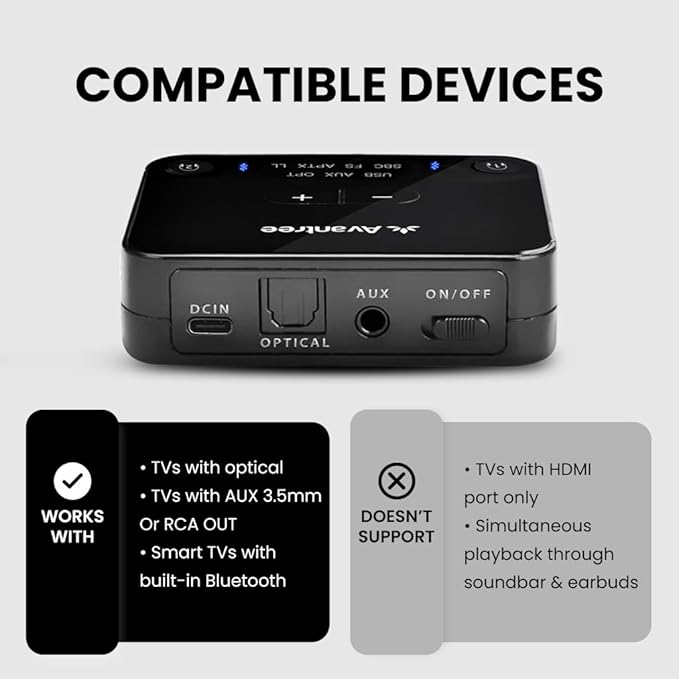 Avantree HT41866 - Wireless Earbuds for TV Listening (Set of 2), 20H Neckband Headphones with Bluetooth Transmitter for Optical Digital Audio, RCA, 3.5mm Aux Ported TVs, Plug & Play, No Audio Delay