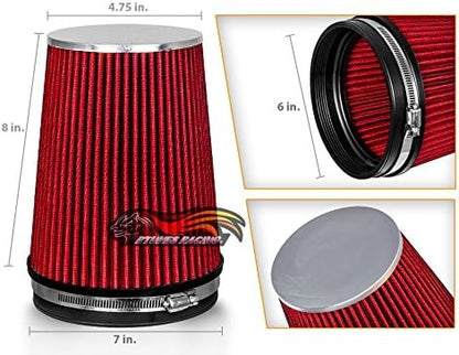 RED 6" 152 mm Inlet Truck Air Cone Replacement Performance Washable Clamp-On - Image 2