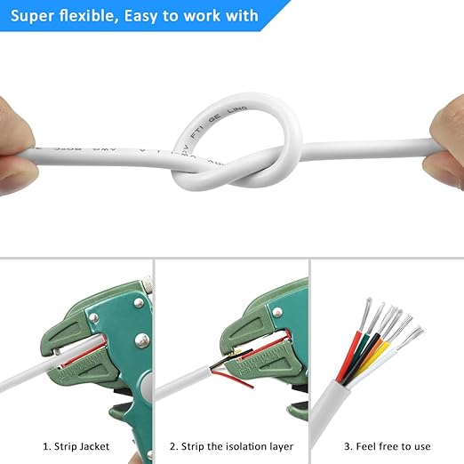 20 Gauge 6 Conductor White Stranded Low Voltage 20/6 Cable, 32.8FT PVC Case, Tinned Copper 6 Wire Extension Power Cable for LED Lamp Lighting, Automotive