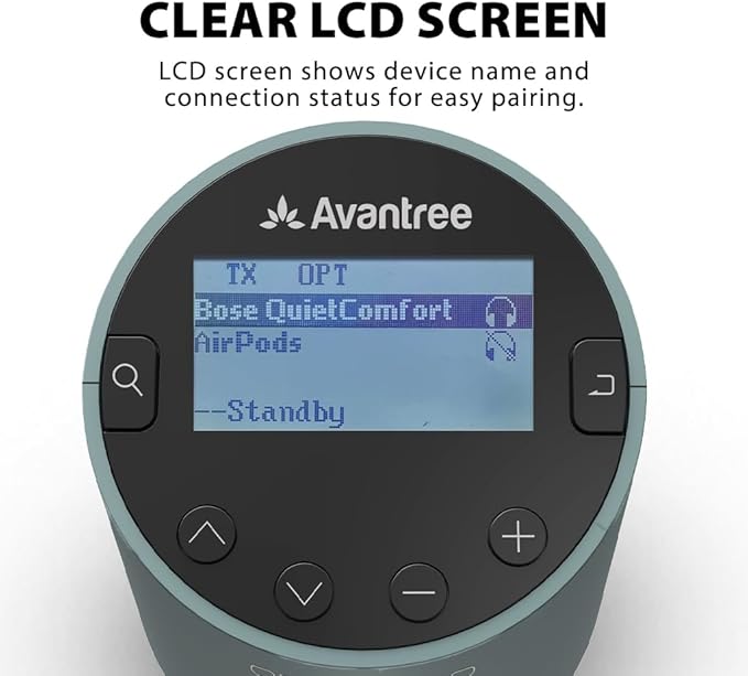 Avantree Orbit Pro - Bluetooth Transmitter for TV with LCD Screen & Remote Control, Compatible with Optical or AUX Audio Output & Smart TVs, Easy Volume Control for Airpods & Other Headphones