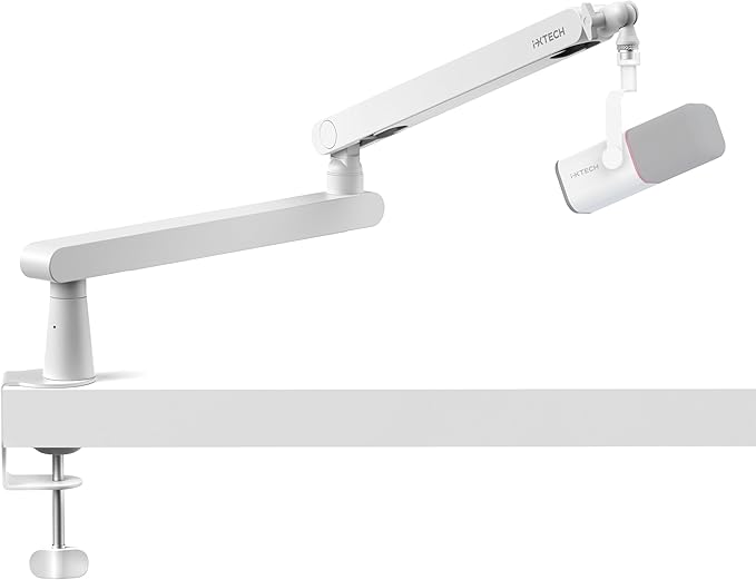 IXTECH White Microphone Boom Arm Stand Low Profile Boom Arm Adjustable Mic Stand with Built In Cable Management 360° Swivel Mic Arm.