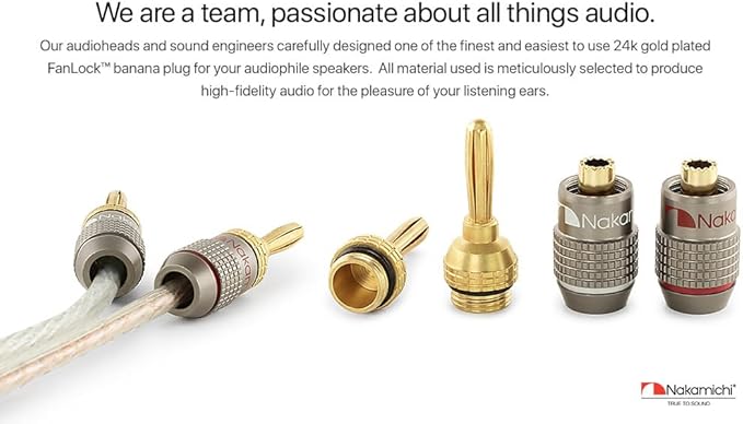 Nakamichi FanLock Excel Series 24k Gold Plated Banana Plugs 10 AWG - 18 AWG Gauge Size 4mm for Speakers Amplifier Hi-Fi Stereo Home Theatre Radio Audio Wire Cable Quick Connector, 8 Pcs (4-Pairs)