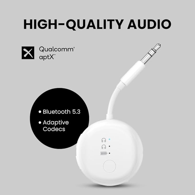 Avantree SoundJet R1 – 25Hr Airplane Bluetooth Adapter for All AirPods (Pro/Max) with Qualcomm Chipset & aptX Adaptive, Wireless Audio Transmitter for Flight Travel, Works with Bose & Other Headphones