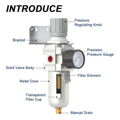AIRZOE 1/2" NPT Air Filter Regulator Combo Piggyback, 5 Micron Brass Element - Image 3