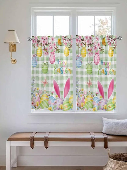 Happy Easter Tier Curtains 45 Inches Long, Spring Bunny Eggs Flower Sage Green - Image 4
