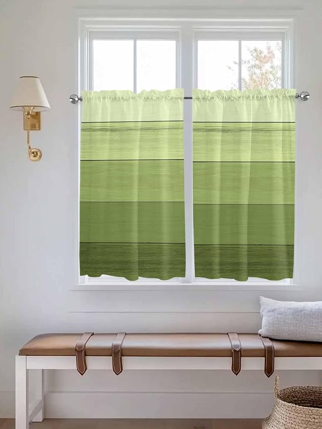 Gradient Green Wooden Board Window Valance Curtains, Retro Country Wood Grain - Image 2