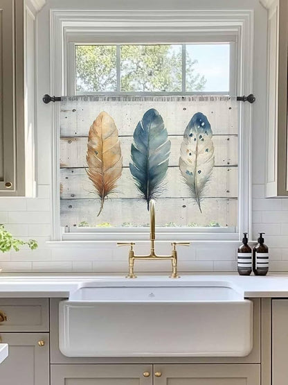 Sheer Curtains 54 Inch Length, Boho Blue Feathers Semi Sheer Curtains Light - Image 3
