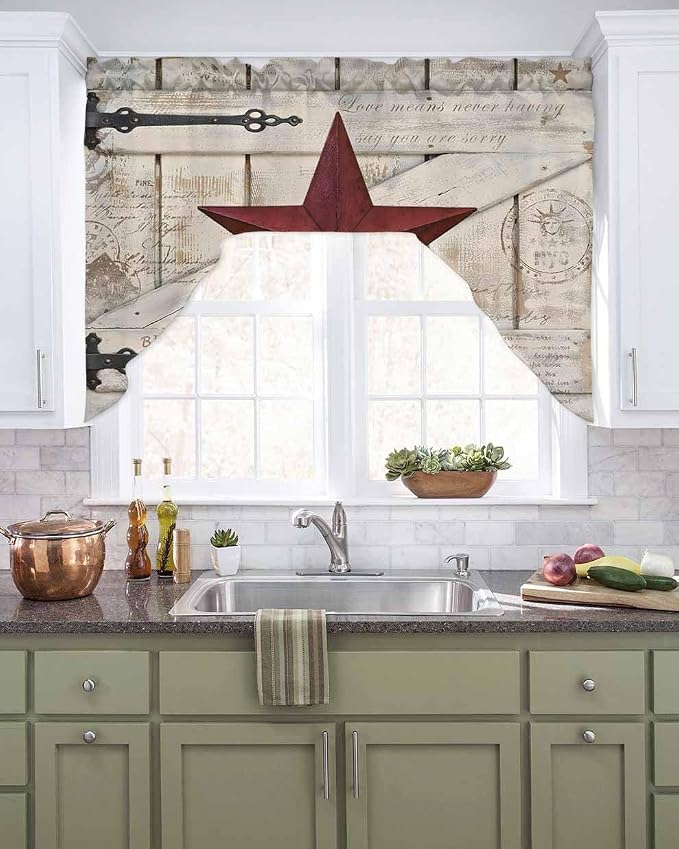 Village Stars Swag Kitchen Curtains Valance and Tier Set, Vintage Dark Red Star - Image 2
