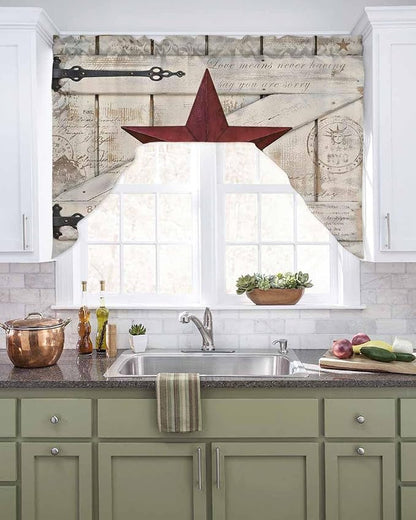Village Stars Swag Kitchen Curtains Valance and Tier Set, Vintage Dark Red Star - Image 2