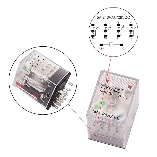 TWTADE/AC 12V Relay 5A Electromagnetic Power Coil Relay 14 Pins 4PDT 4NO+4NC HH54P MY4J with Indicator Light & Socket Base -YJ4N-GS