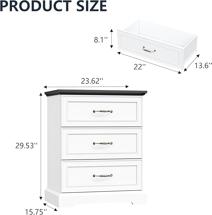 Nightstand Set of 2,24" Wide End Table with 3 Large Drawers & Metal Handles,Rustic Farmhouse Wood Small Dresser,Bedside Table,Modern Chest of Drawers for Bedroom,Living Room,White