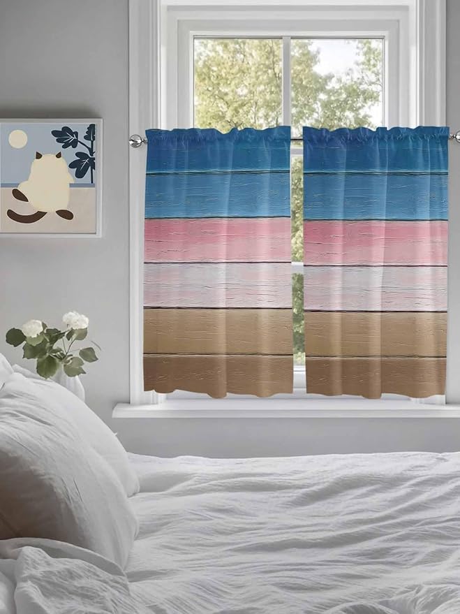 Blue Pink Brown Gradient Wood Grain Window Valance Curtains, Vintage Wood Board - Image 5