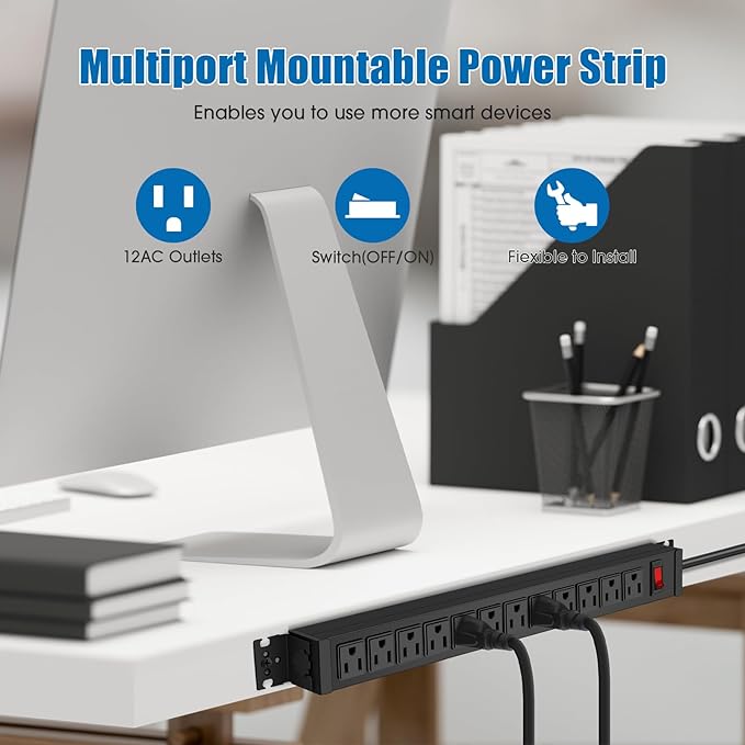HHSOET Rotating Mountable Power Strip, 12 Outlet Wall Mount Surge Protector, Metal Heavy Duty and Versatile Outlet Strip, Stylish Appearance, Sturdy and Durable, 10ft Power Cord.(Black)