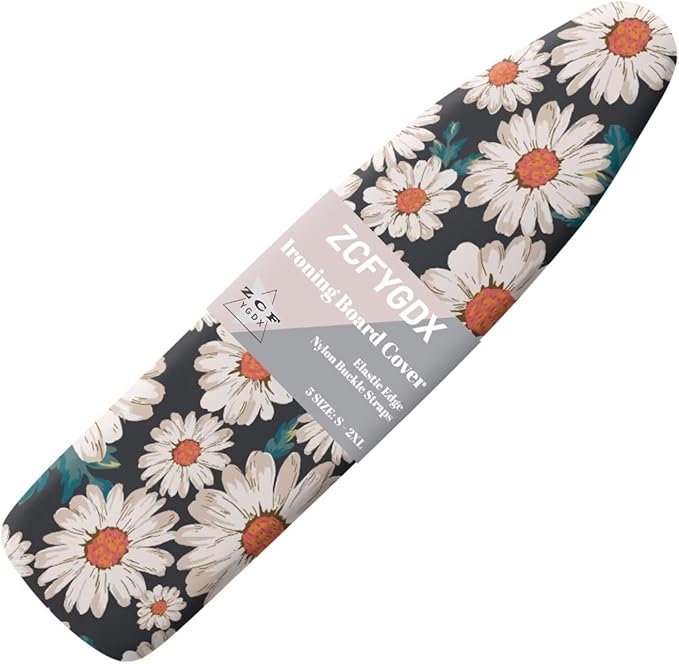 ZCFYGDX Breathable Ironing Board Cover,Resist Scorch Polyester & Staining,Wear & Soil Resistant Covers, Easy Installation 3 Fasteners,Elastic Edges (15 x 54 inch) Oil Painting White Daisy Print