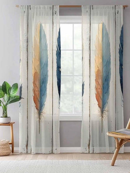 Sheer Curtains 96 Inches Long, Boho Ombre Vintage Wooden Grain Privacy Voile - Image 5