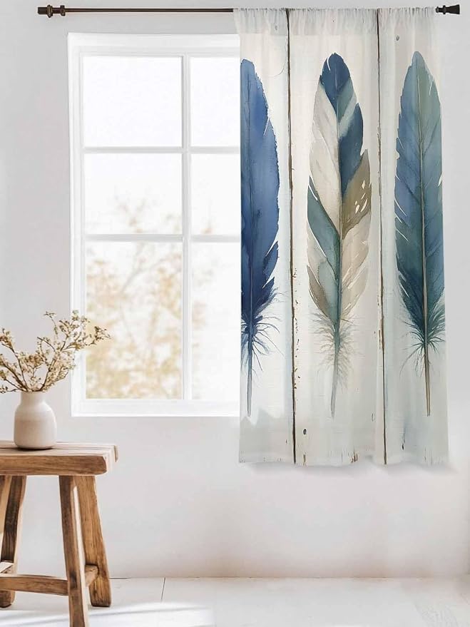 Sheer Curtains 72 Inches Long, Boho Blue Feathers Semi Sheer Curtains Light - Image 3
