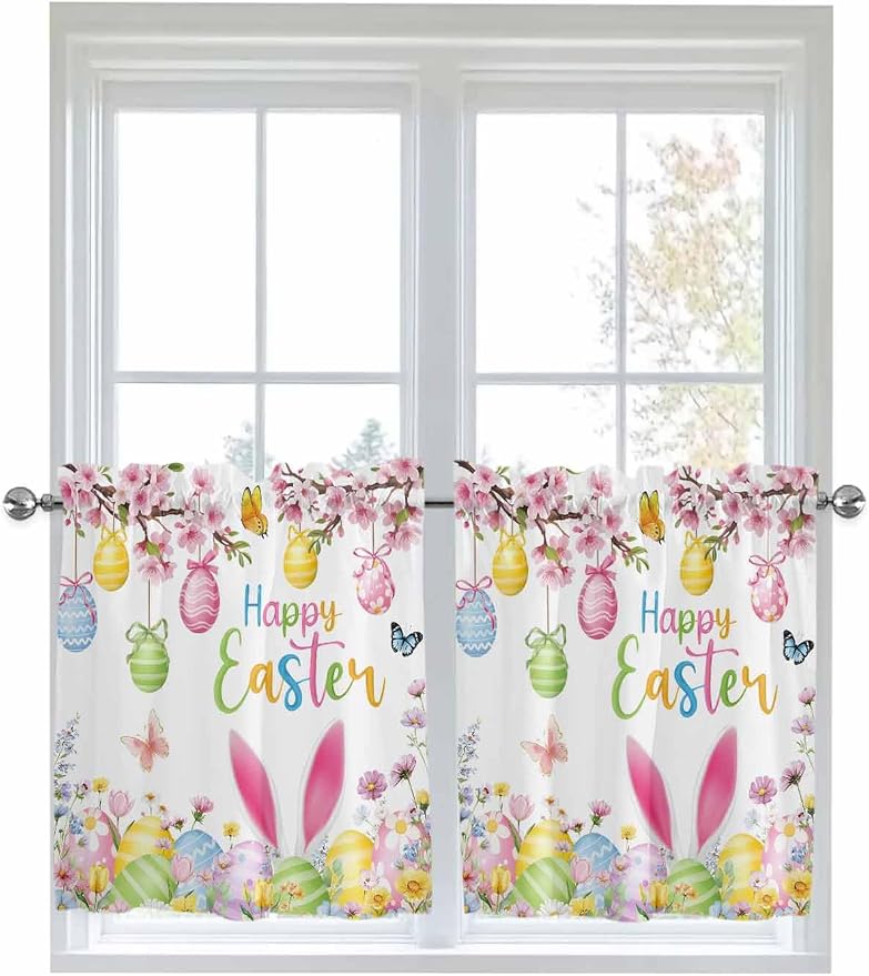 Happy Easter Half Window Curtain 36 Inches Long, Spring Watercolor Bunny Eggs by Unknown