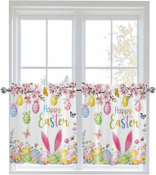Happy Easter Half Window Curtain 36 Inches Long, Spring Watercolor Bunny Eggs by Unknown