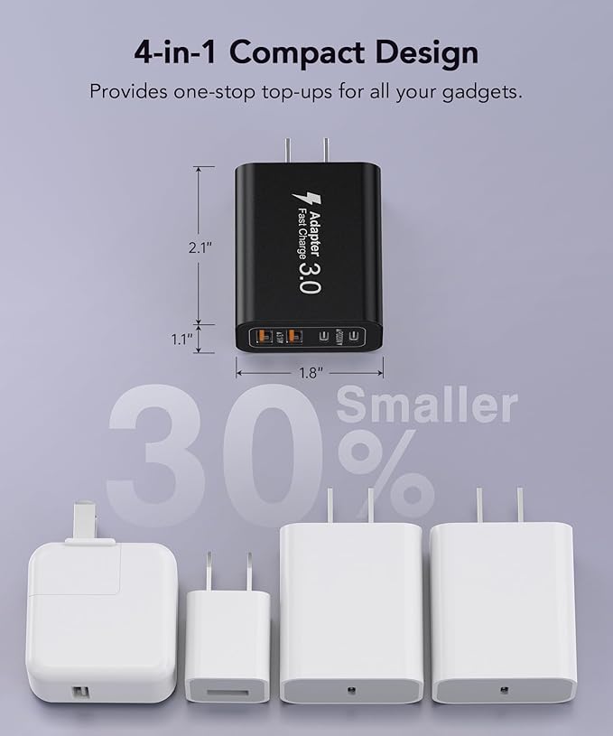 40W USB C Charger Block, 2-Pack 4-Port Type C Fast Charging Brick Dual PD&QC Wall Plug Adapter Power Brick for iPhone 13/14/15/16/17/Pro Max/Plus/iPad/Airpods/iwatch/Samsung Galaxy (Black)