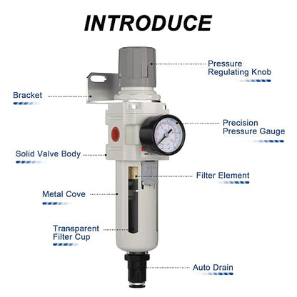 3/8"NPT Air Filter Regulator Combo Piggyback, 5 Micron Brass Element, Auto Drain - Image 3