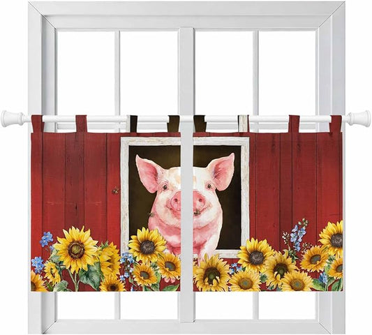 Pigs Sunflowers Kitchen Curtains 24 Inch Length, Small Window Curtains Tab Top by Unknown