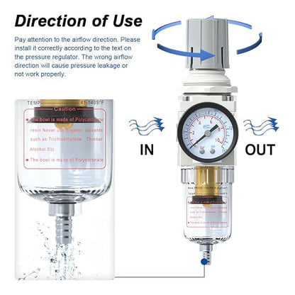 AIRZOE 1/4"NPT Air Filter Regulator Combo Piggyback, 5 Micron Brass Element - Image 4