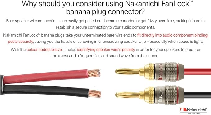 Nakamichi FanLock Excel Series 24k Gold Plated Banana Plugs 10 AWG - 18 AWG Gauge Size 4mm for Speakers Amplifier Hi-Fi Stereo Home Theatre Radio Audio Wire Cable Quick Connector 2 Pcs (1-Pair)
