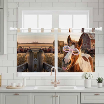 Farm Horses Kitchen Curtains 36 Inch Length, Small Window Curtains Tab Top - Image 3