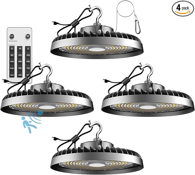 ACOHOOK Smart 200W HIgh Bay LED Lights with Smart Controller Supports Normal Mode & Motion Sensor Mode(Energy Saving) ETL Listed UFO Lights for 25-35FT Warehouse-4Pack