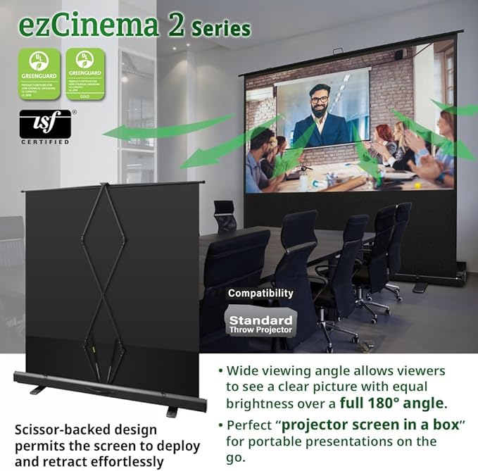 Elite Screens ezCinema 2, 120-inch 4:3 Aspect Ratio Portable Manual Floor Pull Up with Scissor Backed Projector Projection Screen Office Classroom Church Home Theater + Carrying Bag, F120NWV2