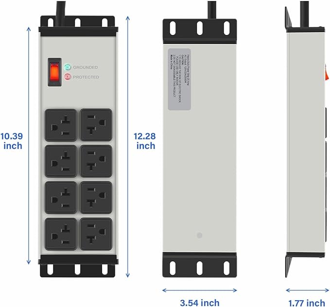 CCCEI 2PCS Heavy Duty Power Strip Surge Protector 20 AMP, 8 Outlets 12 Gauge Shop Garage Metal Multiple Outlets, 10 FT Extension Cord 5-15P Adapter High Amp 6-20R T-Slot 20a for Appliance Grey.