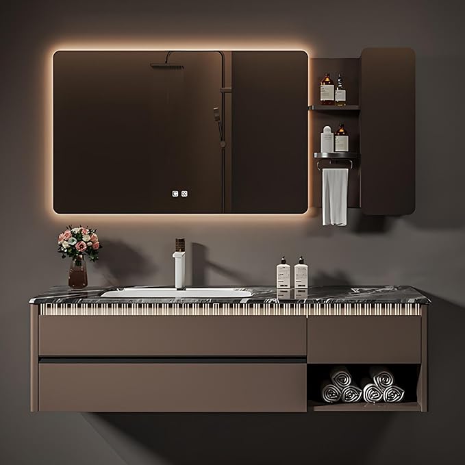 Modern Bathroom Vanity - Spacious Deep Sink | Defogging LED Mirror & Human Body Sensor Light, Open Side Panel, Floating Smart Bathroom Vanities (48IN)