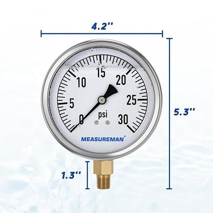 MEASUREMAN Glycerin Filled Plumbing Pressure Gauge 0-30psi Stainless Steel Case - Image 6