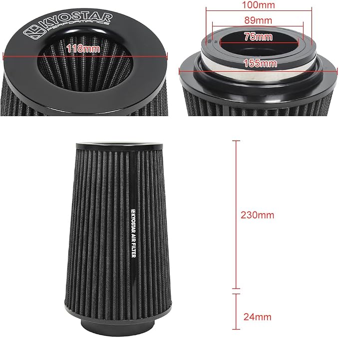 Universal 3/3.5/4" High-Flow Air Filter, Reusable Cone Cold Air Intake - Image 2