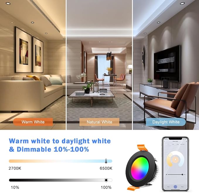 inShareplus 2 Inch Smart Recessed Lighting, 6 Pack WiFi Black LED Downlight 5W 120V, Dimmable RGBCW 2700-6500K Color Changing, Compatible with Alexa/Google, Ceiling Lights with LED Driver
