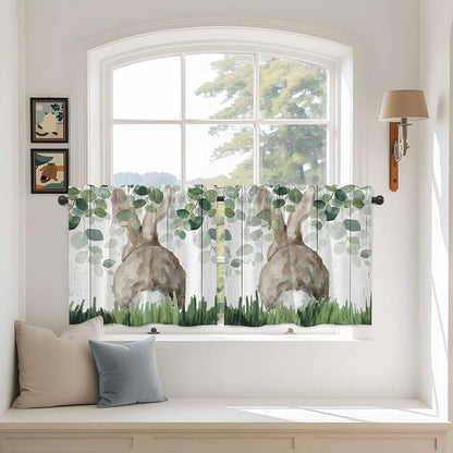 Easter Tier Curtains, Country Rabbit Botanical Leaves Wooden Grain Light - Image 3