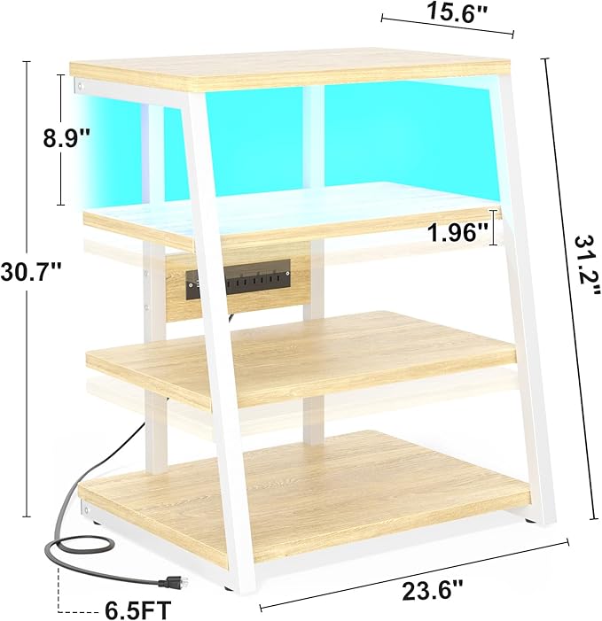 Besiost AV Media Stand with Outlets, Media Console with LED Lights, Stereo Racks and Stands with Storage Shelves, Media Audio Tower Cabinet, Natural Oak and White