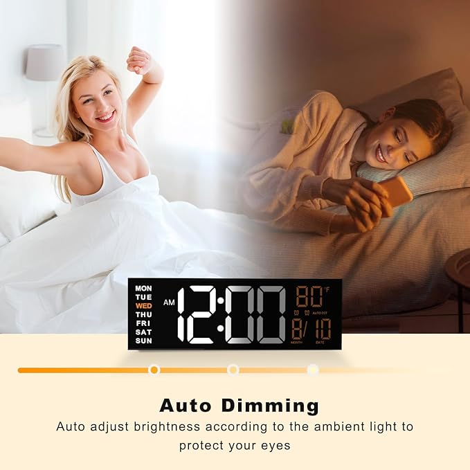JALL 16" Large Digital Wall Mount Clock, Count Down Timer, Alarm, Big LED, RGB Color, DST, Temperature for Living Room Classroom Desk, Xmas, Birthday Gift for Senior Mom Dad (White Orange, 16 inches)