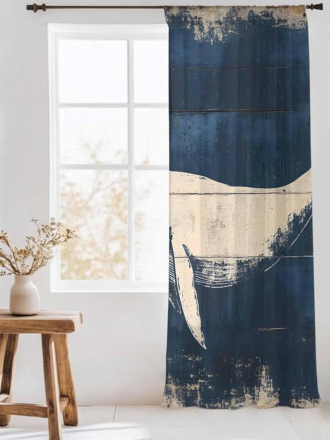 Sheer Curtains 84 Inches Long, Ocean Whale Blue Semi Sheer Curtains Light - Image 3
