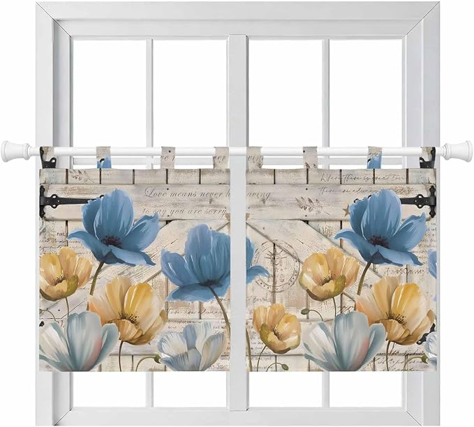 Blue Yellow Tulips Kitchen Curtains 24 Inch Length, Small Window Curtains Tab by Unknown