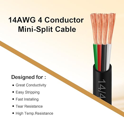 MOOKEERF 14/4 AWG Mini-Split Cable - 75FT 14 AWG 4 Conductor Control Cable 300V Stranded Oxygen-Free Pure Copper Wire for Mini Split Air Conditioner,Heat Pump,HVAC Systems and Speaker Systems