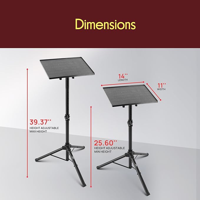 PYLE-PRO Universal Laptop Projector Tripod Stand - Computer, Book, DJ Equipment Holder Mount Height Adjustable Up to 39.37” w/ 14” x 11” Plate Size -for Office, Home, Stage, Studio, DJ Racks Holder