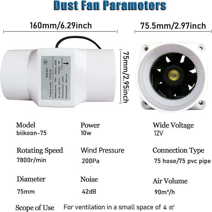 3Inch Inline Duct Fan 10W Air Extractor Booster 12V Air Diffuser Circulation - Image 2