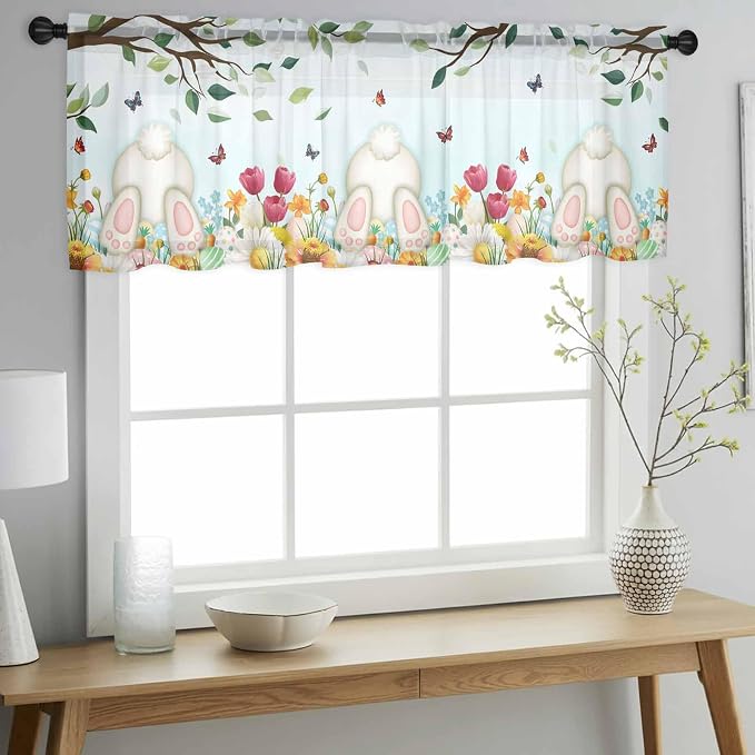 Easter Sheer Valances for Windows 54"x18", Light Filtering Kitchen Curtains - Image 2