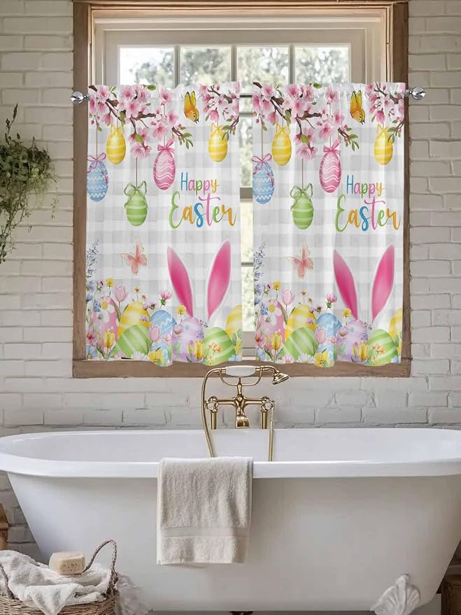 Happy Easter Tier Curtains 45 Inches Long, Spring Watercolor Bunny Eggs Flower - Image 7