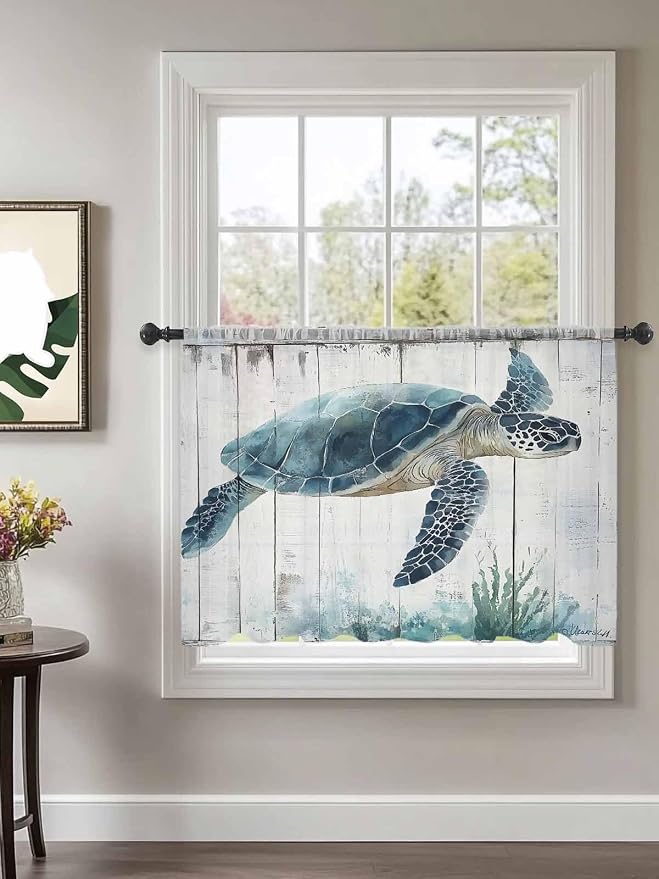 Sheer Curtains 45 Inch Length, Sea Turtle Teal Blue Semi Sheer Curtains Light - Image 2