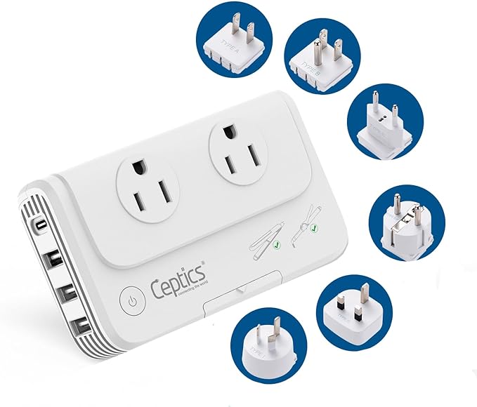 Ceptics Travel Voltage Converter -200W Convert 220V to 110V for Curling Iron, Straightener, Charger Step Down World Power Plug - 4 USB PD 18W Fast Charging - SWadApt - Type A, B, C, E/F, G, I Include